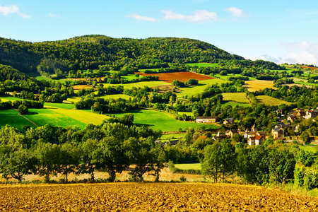 Village Surrounded by Pasture and Plowed Fields in the French Limousenの写真素材