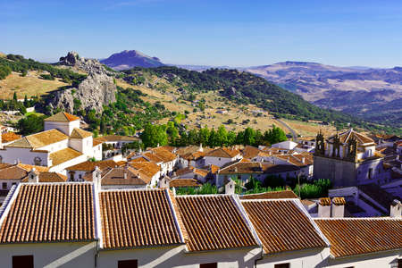 Aerial View to the Roofs of White Spanish City of Grazalemaの写真素材