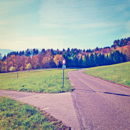 Intersection of Rural Roads Leading to the Farmhouses in the Swiss Alpsの写真素材