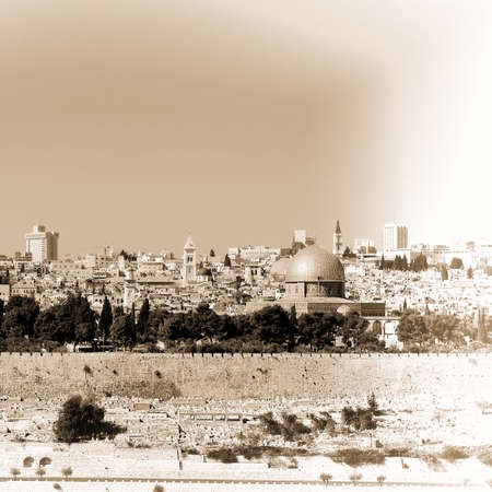 View from the Mount Olives to Walls of the Old City of Jerusalem and the Dome of the Rock, Retro...