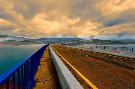 Dam of the Power Station in Spain at Sunset, Vintage Style Toned Pictureの写真素材