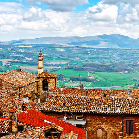 Aerial View of the Italian Medieval City  and Surrounding Tuscan Landscapeの写真素材