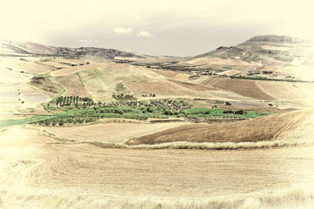 Stubble Fields on the Hills of Sicily, Retro Image Filtered Styleの写真素材