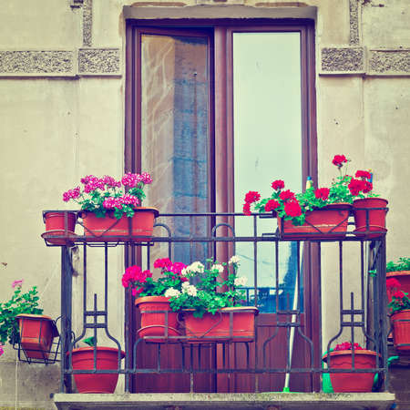 Italian Balcony, Decorated With Fresh Flowers の写真素材