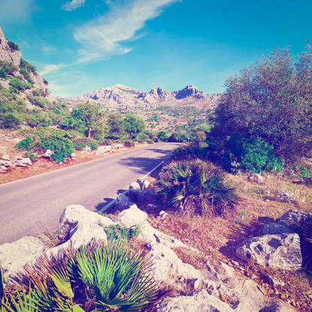 Winding Asphalt Road in the Cantabrian Mountains, Spain, Vintage Style Toned Pictureの写真素材