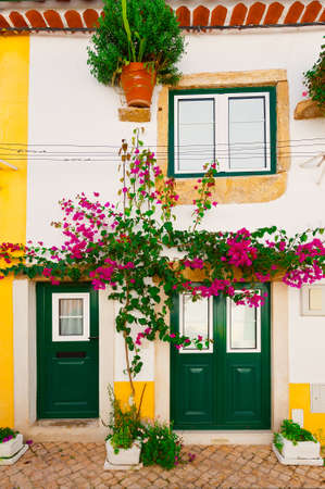 Facade of Portuguese House with Door and Windows Decorated with Fresh Flowersの写真素材