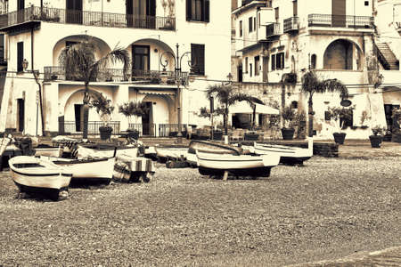 Wooden Boats on the Mediterranean Coast in the Italian City of Cetara, Retro Image Filtered Styleの写真素材