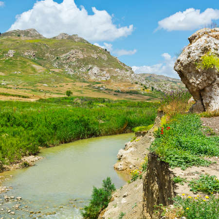 Mountain Stream between Volcanic Hills of Sicilyの写真素材
