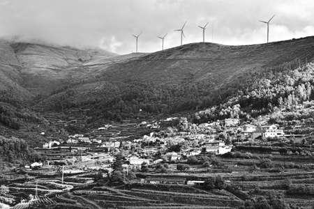 Modern Wind Turbines Producing Energy over the Vineyards in Portugal, Stylized Photo