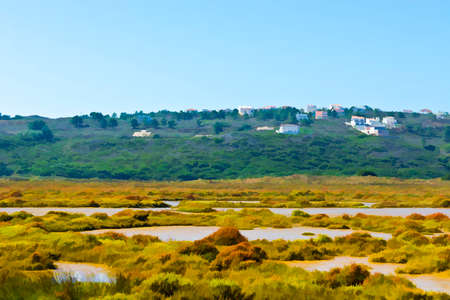 Swamp on the Shore of Atlantic Ocean in Portugal near the Village, Stylized Photoの写真素材