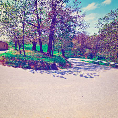 Abrupt Bend in the Asphalt Road in the Italian Alpsの写真素材