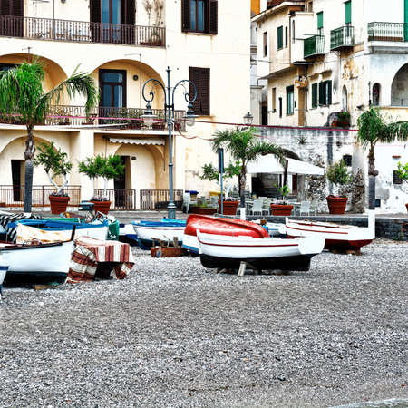 Wooden Boats on the Mediterranean Coast in the Italian City of Cetaraの写真素材