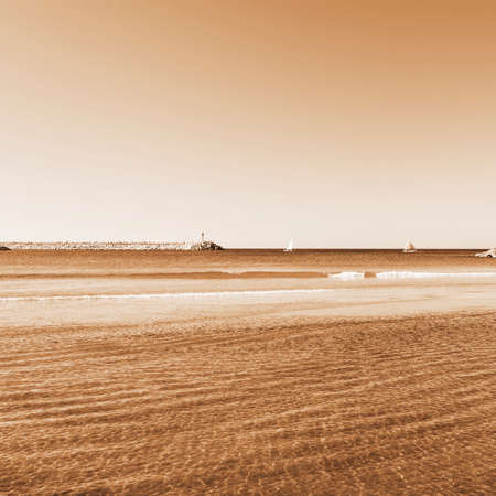 Beach of Mediterranean Sea in Israel, Vintage Style Sepiaの写真素材
