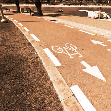 Bicycle Track along the Yarkon river in Tel Aviv, Vintage Style Sepiaの写真素材