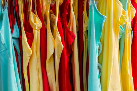 Colored Clothes on the Counter for Sale in Israel. Before New Year or Christmas Sale in the Middle East.の写真素材