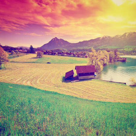 Lake Sarner on the Background of Snow-capped Alps, Switzerland,の写真素材