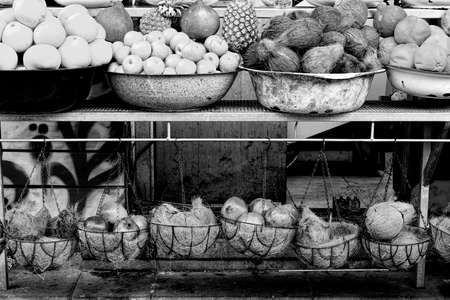 Fruit Market with Various Fresh Fruits and Vegetables in the City of Jaffa in Israel. Black and White Picture の写真素材