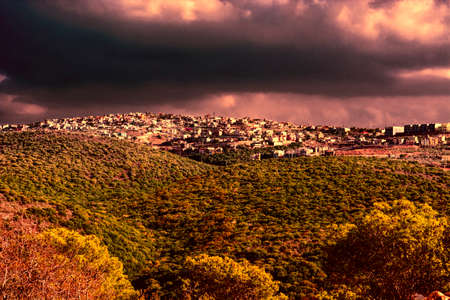 Galilee mountains arab settlement in Israel at sunset. Panorama of Galilee- the Northern District of Israelの写真素材