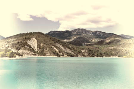 Wooded Shore of the Lake in French Alps, Stylized Photoの写真素材