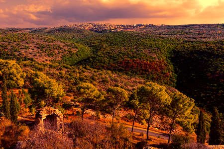 Galilee mountains arab settlement in Israel at sunset. Panorama of Galilee- the Northern District of Israelの写真素材