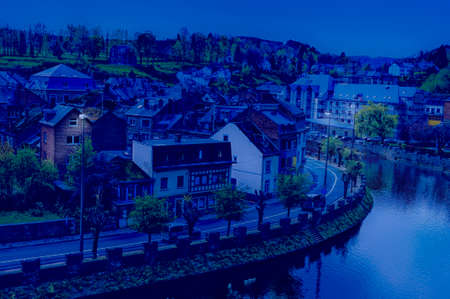 Embankment of the River Ourthe in the Belgian City of La Roche at Nightの写真素材