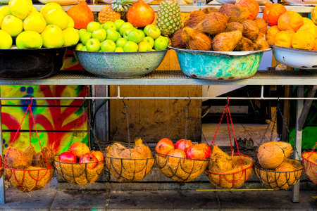 fruit market with various fresh fruits and vegetables in the city of jaffa in israel