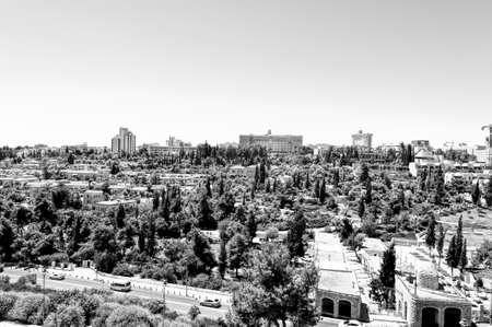 view from top of ancient walls surrounding old city in jerusalem view on the landmarks of jerusalem old city black and white pictureの写真素材