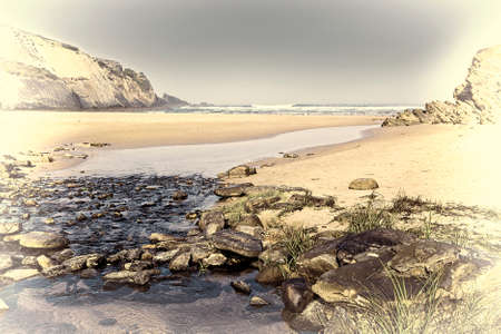 Portuguese Atlantic Ocean Beach in the Morning Mist, Stylized Photoの写真素材