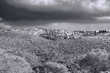 Galilee mountains arab settlement in Israel. Panorama of Galilee- the Northern District of Israel. Black and White Pictureの写真素材