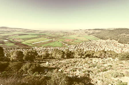 Aerial View from Mount Tabor to Arab City and Jezreel  Valley in Israel, Stylized Photo