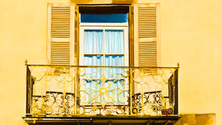 French Balcony with Open Wooden Shutter in a Medieval City, Stylized Photoの写真素材