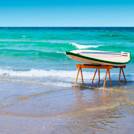 Hawaiian surfboard on the beach of the Mediterranean sea in Israel
