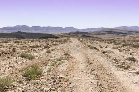 Rocky hills of the Negev Desert in Israel. Breathtaking landscape of the desert rock formations in the Southern Israel Desert. Dusty mountains interrupted by wadis  and deep craters.の写真素材