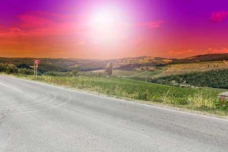 Vineyard in Italy early in the morning. Italian landscape at sunrise, hills, fields, pasture and sunlightの写真素材