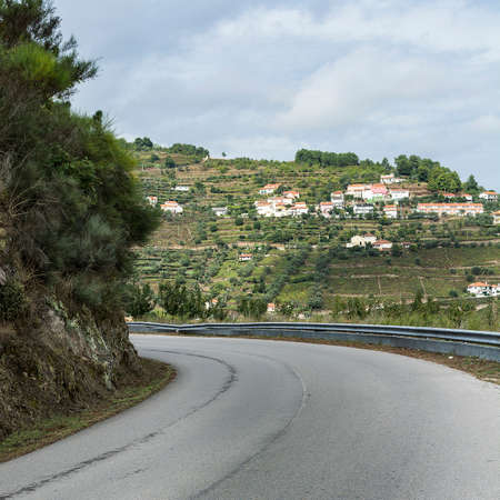 Winding asphalt road between vineyards of the River Douro region in Portugal. Viticulture in the Portuguese villagesの写真素材