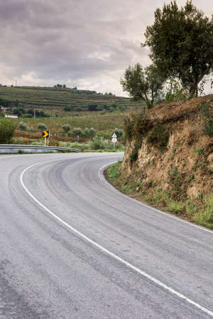 Winding asphalt road between vineyards of the River Douro region in Portugal. Viticulture in the Portuguese villagesの写真素材