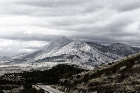 Winding asphalt road of Europe Peaks in Spain early morningの写真素材