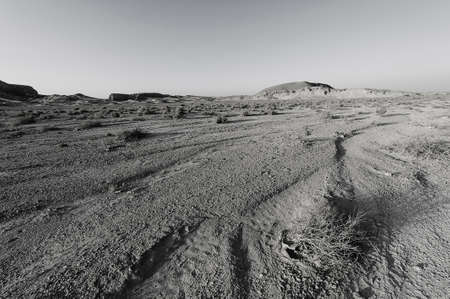 Dramatic scene in black and white of the rocky hills of the Negev Desert in Israel. Breathtaking landscape and nature of the Middle East. の写真素材