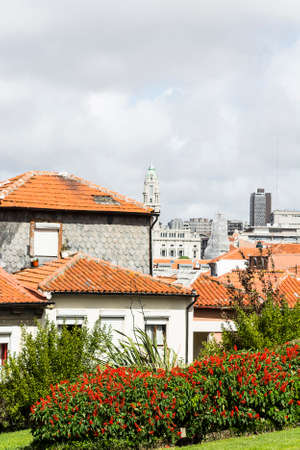 View of the historical centre of the city of Porto with traditional Portuguese facades sometimes decorated with ceramic tiles of azulejoの写真素材