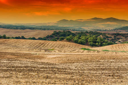 Fields in Spain after harvesting at sunrise. Breathtaking landscape and nature of the Iberian Peninsulaの写真素材