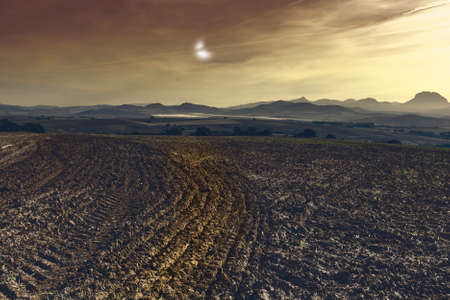 Fields in Spain after harvesting in the light of the moon. Breathtaking landscape and nature of the Iberian Peninsulaの写真素材