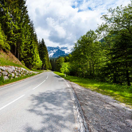 Winding asphalt road in Austrian landscape with forests, fields, pastures and meadowsの写真素材