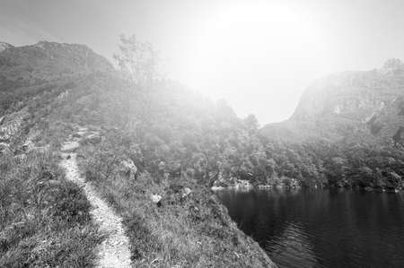 Morning mist in the Italian Dolomites.  View of the mountain lake at sunrise. Black and white pictureの写真素材