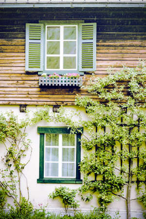 Facade of the building in Austria, decorated with flowers and trees. Traditional Austrian House in Hallstatt on a rainy day. Vintage styleの写真素材