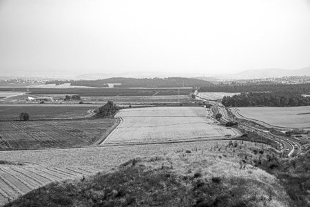 View of the Israeli Golan Heights with vineyards and developed agriculture, Druze cities and paved...