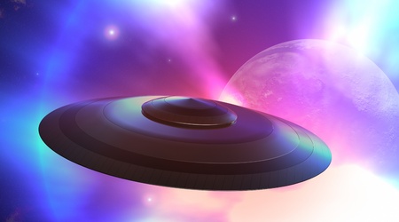 Flying saucer flying in spaceの写真素材