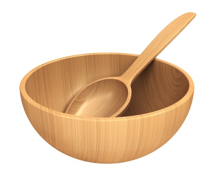 Empty wooden dish and spoonの写真素材