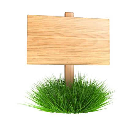 Wooden board on a grass - isolated on white backgroundの写真素材
