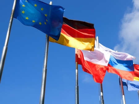 Flags on blue skyの写真素材