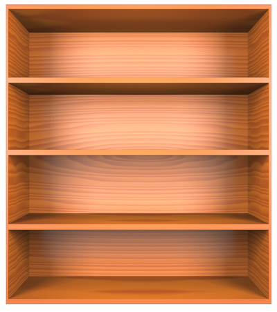 Wooden shelves with empty racks isolated on white backgroundの写真素材